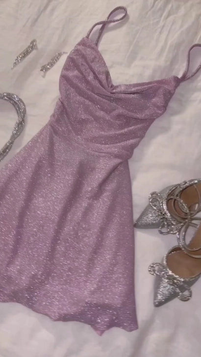 Aimishang Shiny Spaghetti Straps A Line Sleeveless Short Summer Birthday Party Dress Sweet Mini Graduation Homecoming Dress