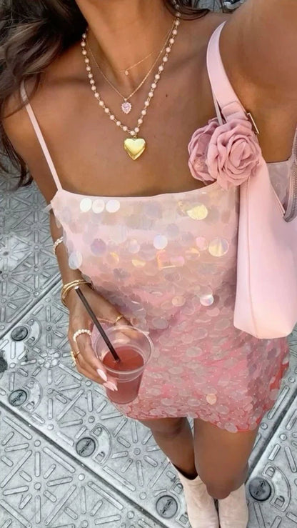 Aimishang Shiny Spaghetti Straps Sequin Homecoming Dress Short Prom Dress Lovely Birthday Party Dress