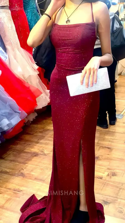 Aimishang Shiny Spaghetti Straps Sheath Long Formal Prom Dress Fashion Evening Party Dress Charming Graduation Dress With Slit