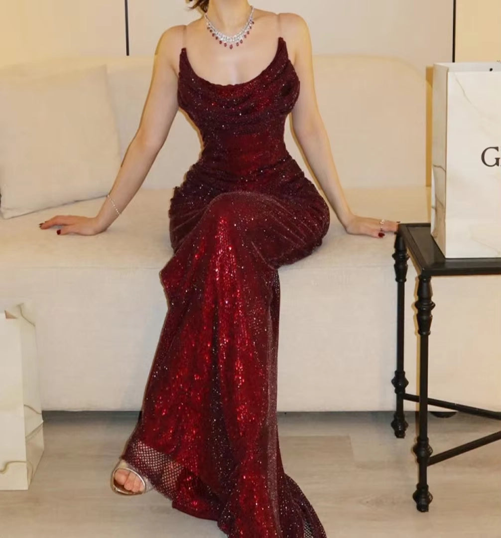 Aimishang Shiny Mermaid Sleeveless Long Formal Prom Dress Fashion Evening Party Dress With Slit