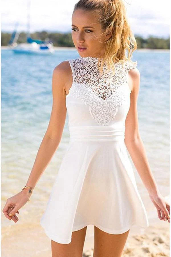 Wholesale Homecoming Dress Short Open Back White Appliques Stretch Satin with Lace