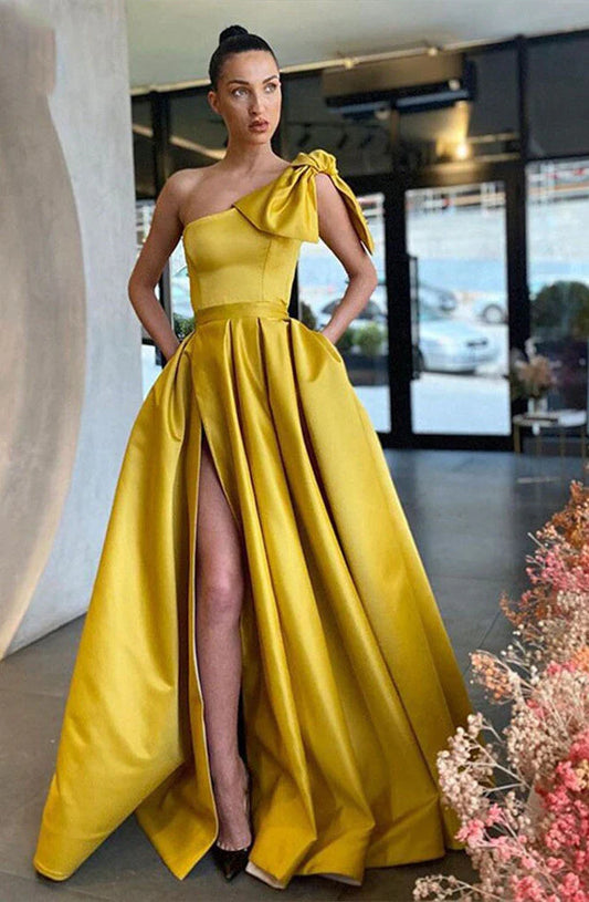 Aimishang A Line One Shoulder Satin Prom Dress With Slit Elegant Evening Party Dress