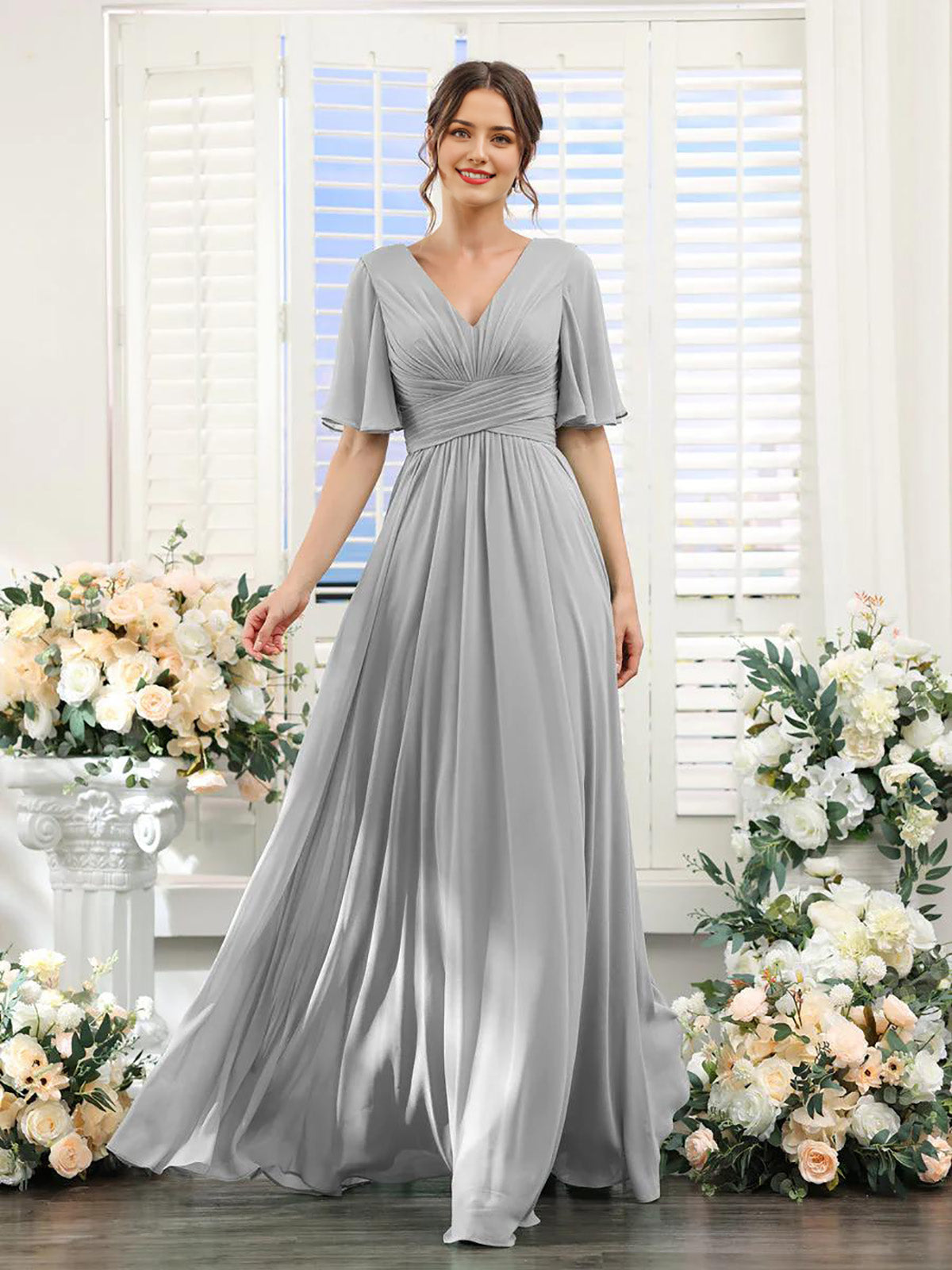 Wholesale A-Line Bridesmaid Dress for Wedding Guest V-Neck Sleeve Long Chiffon Formal Party Dresses with Slit