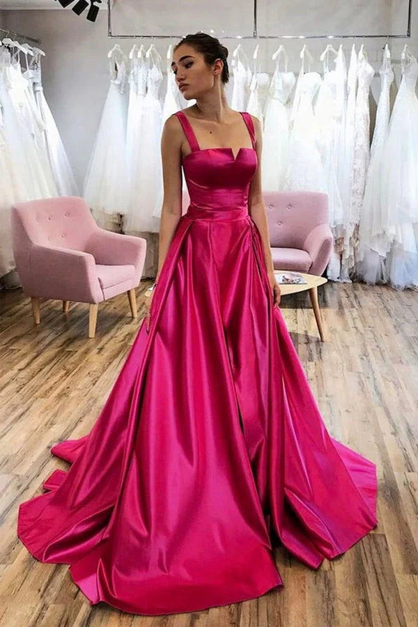 Wholesale Evening Dress Simple A Line Satin Straps Open Back Long Prom Dress Court Train