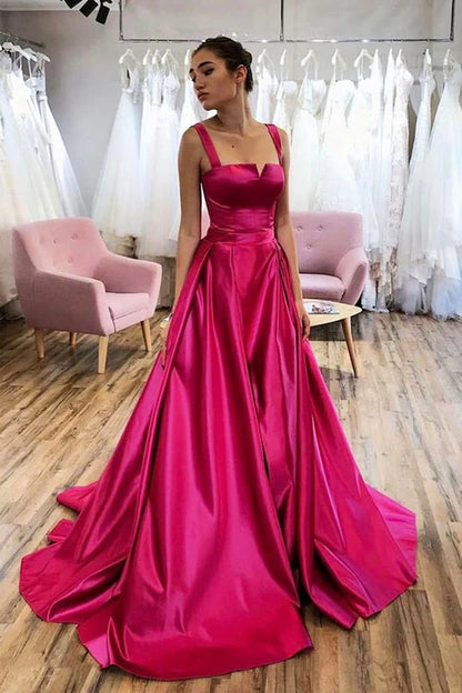 Wholesale Evening Dress Simple A Line Satin Straps Open Back Long Prom Dress Court Train