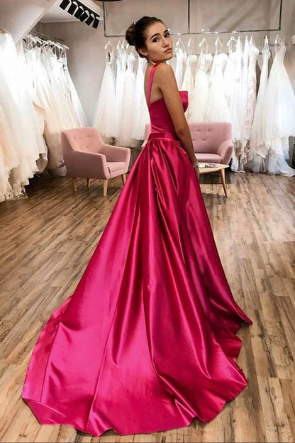 Wholesale Evening Dress Simple A Line Satin Straps Open Back Long Prom Dress Court Train