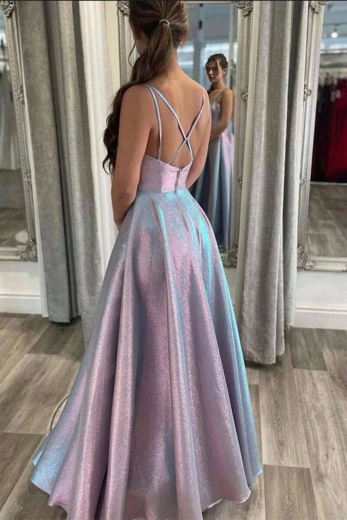 Wholesale Sexy Evening Dresses A Line V Neck Satin Open Back Long Prom Dresses