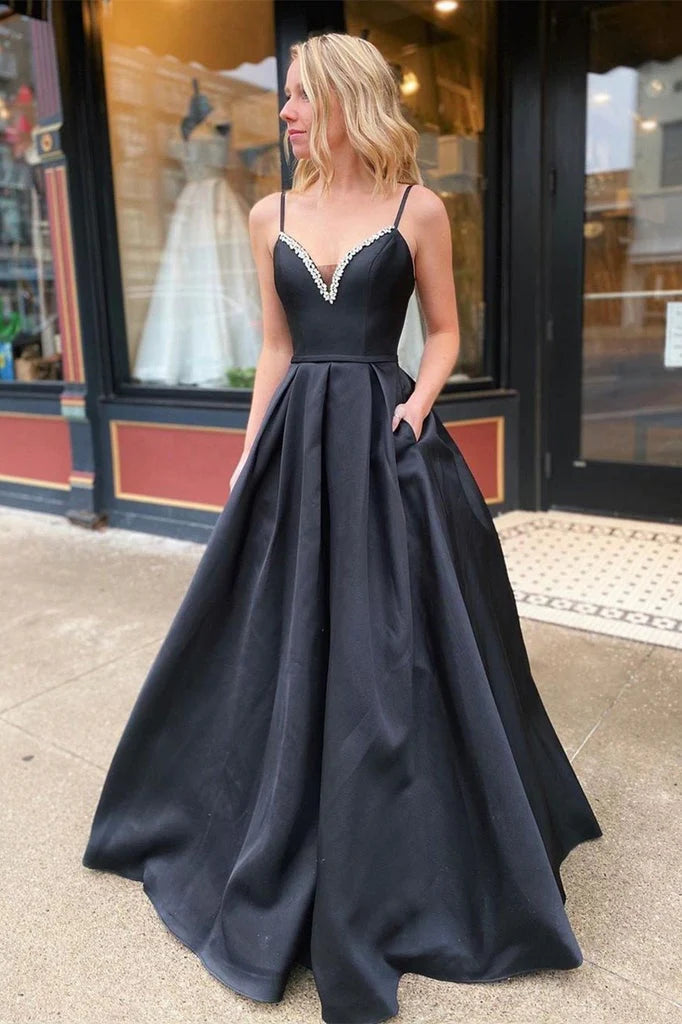 Wholesale Prom Dresses Simple Black Long V Neck Straps Satin  For Teens