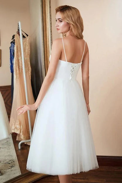 Wholesale Elegant A-Line Spaghetti Straps White Satin Tulle Tea-Length Wedding Dresses