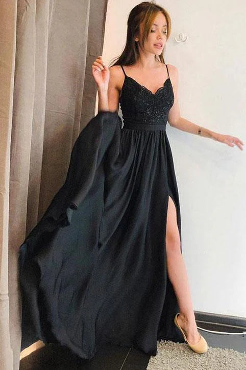 Wholesale Evening Dresses Straps V Neck Lace Prom Dresses Side Slit