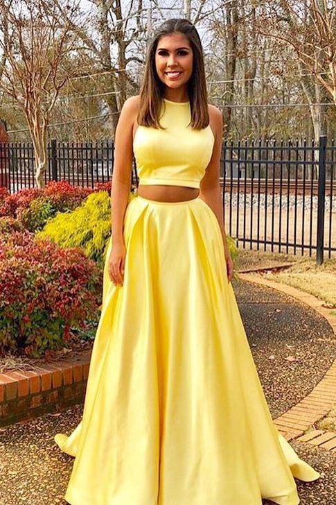 Wholesale Prom Dresses Two Piece Long Satin Sleeveless High Neck with Pockets