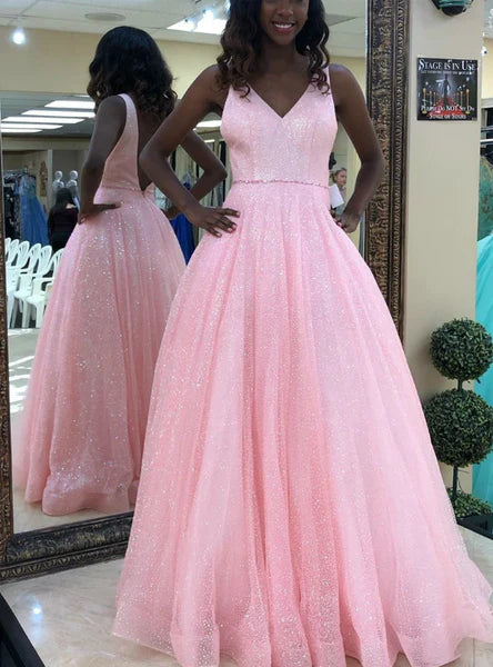 Wholesale Prom Dresses Simple V Neck Long A-line Pink Sequins Open Back Simple Tulle