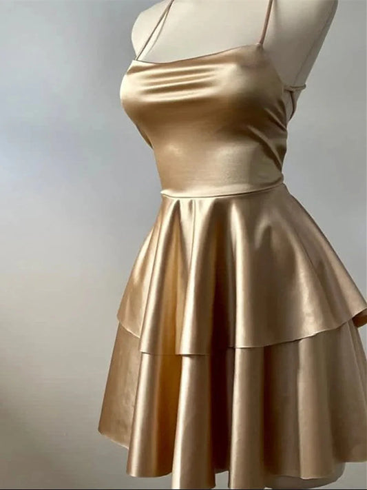Aimishang Simple A Line Satin Spaghetti Straps Sleeveless Short Formal Prom Dress Cute Homecoming Dress