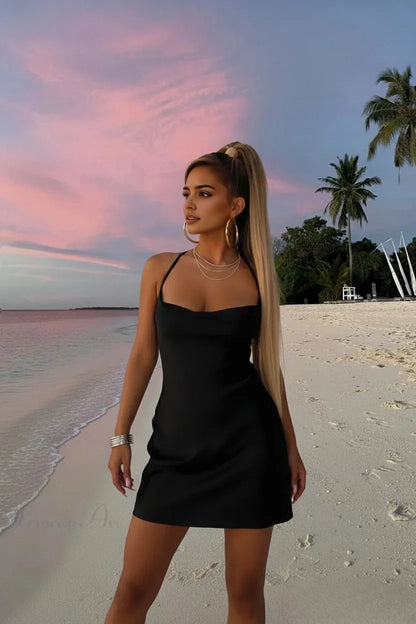 Aimishang Simple Black Spaghetti Straps Sleeveless Short Party Dress Summer Homecoming Dress