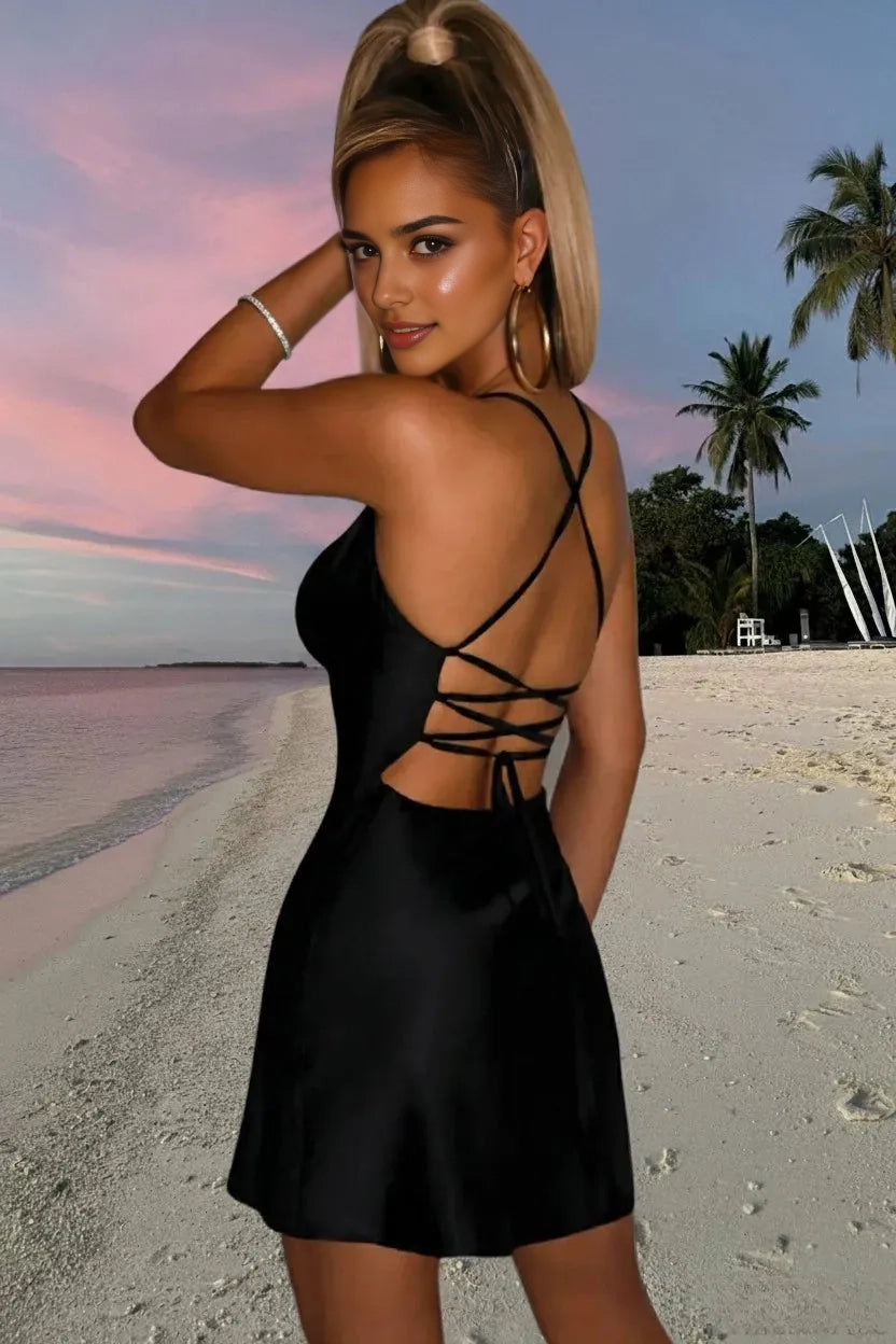 Aimishang Simple Black Spaghetti Straps Sleeveless Short Party Dress Summer Homecoming Dress