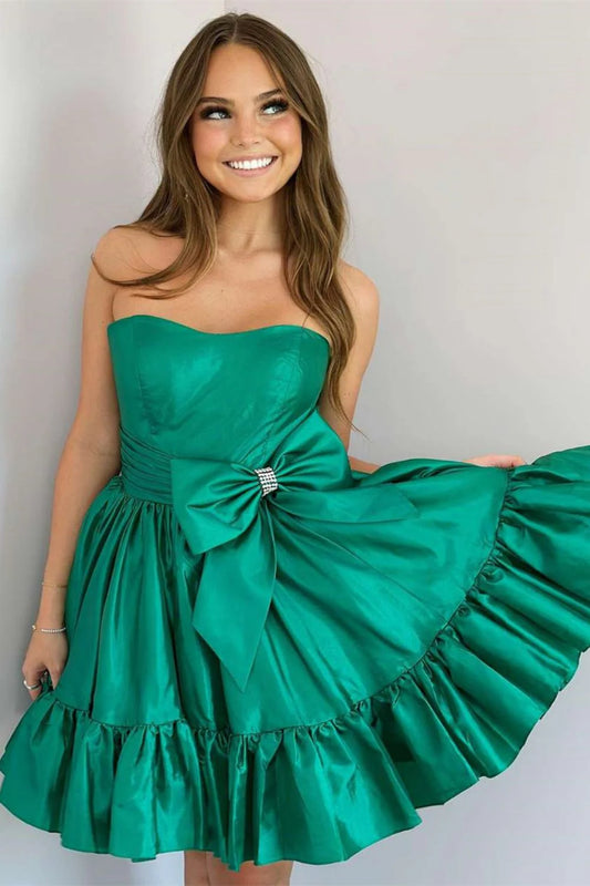 Aimishang Green Homecoming Dress A-Line Strapless Short Satin With Bowknot Simple