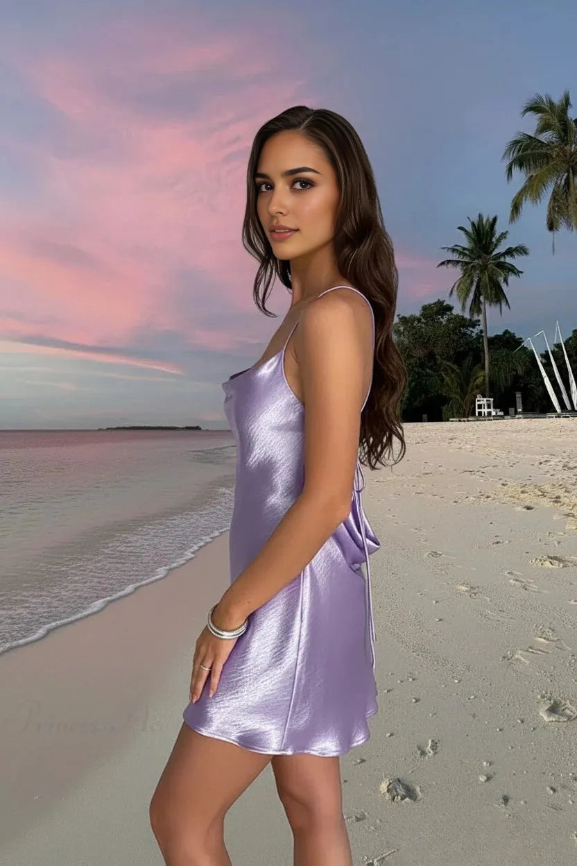 Aimishang Simple Purple Satin Spaghetti Straps Sleeveless Short Vacation Dress Summer Party Homecoming Dress