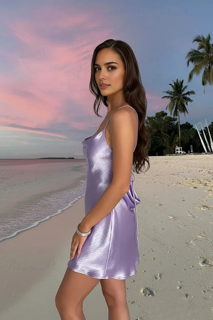 Aimishang Simple Purple Satin Spaghetti Straps Sleeveless Short Vacation Dress Summer Party Homecoming Dress