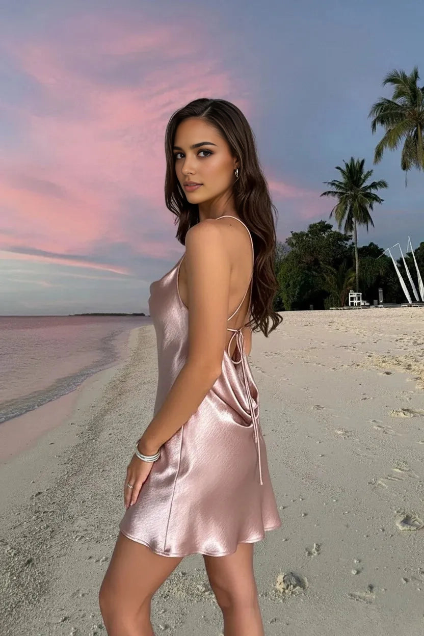 Aimishang Simple Purple Satin Spaghetti Straps Sleeveless Short Vacation Dress Summer Party Homecoming Dress