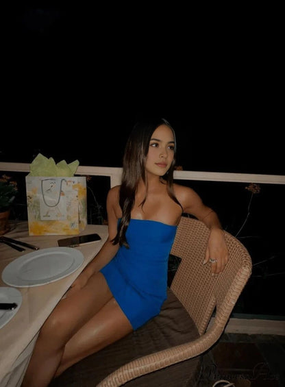 Aimishang Simple Strapless Blue Sheath Sleeveless Short/Mini Summer Party Homecoming Dress