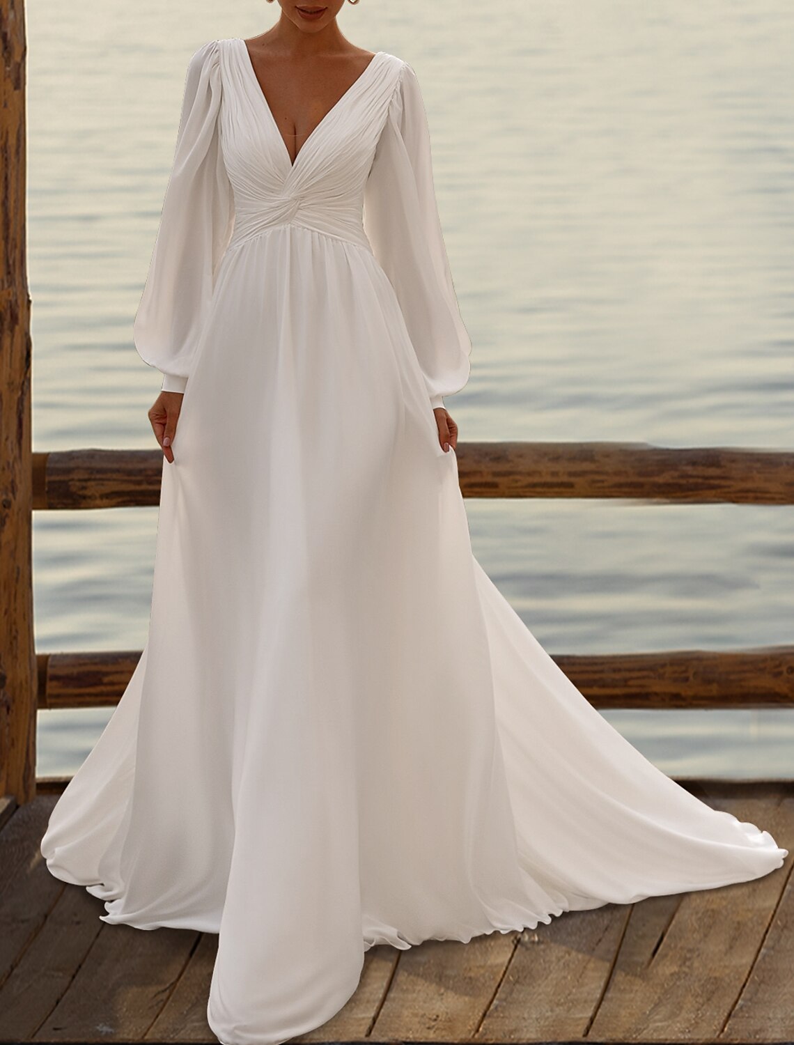 Aimishang Simple Wedding Dresses A-Line V-neck Long Sleeves Elegant Bridal Gowns With Pleats