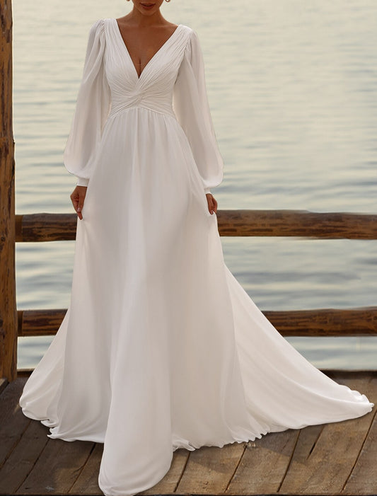 Aimishang Simple Wedding Dresses A-Line V-neck Long Sleeves Elegant Bridal Gowns With Pleats