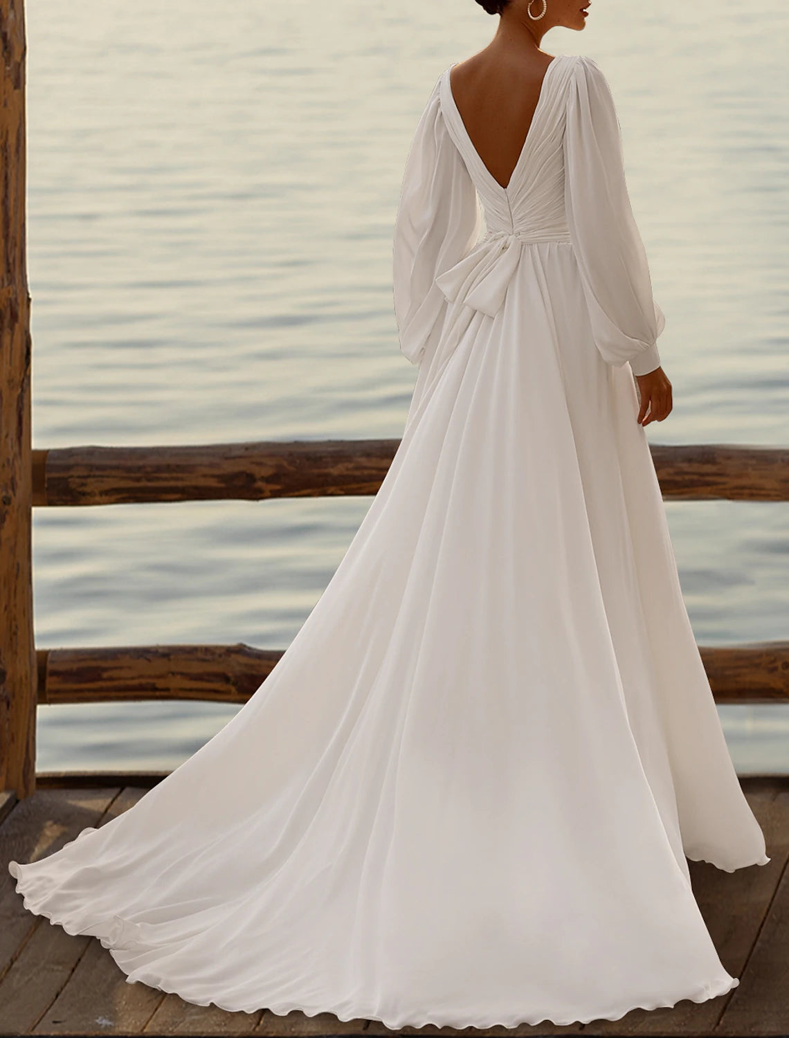 Aimishang Simple Wedding Dresses A-Line V-neck Long Sleeves Elegant Bridal Gowns With Pleats