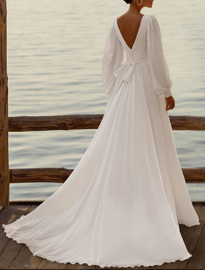 Aimishang Simple Wedding Dresses A-Line V-neck Long Sleeves Elegant Bridal Gowns With Pleats