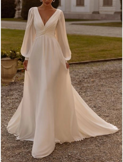 Aimishang Simple Wedding Dresses A-Line V-neck Long Sleeves Elegant Bridal Gowns With Pleats