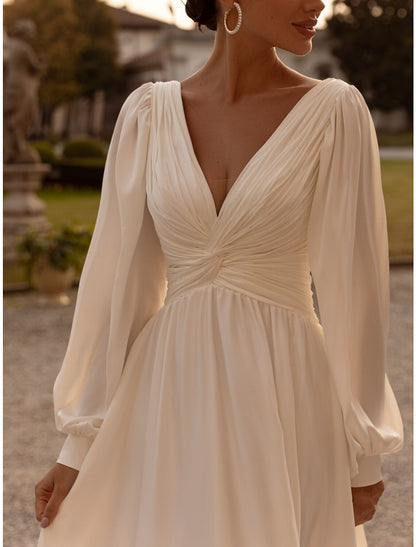 Aimishang Simple Wedding Dresses A-Line V-neck Long Sleeves Elegant Bridal Gowns With Pleats