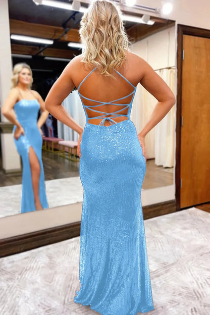 Wholesale Prom Dress Simple Spaghetti Straps Corset Back Sequin With Split