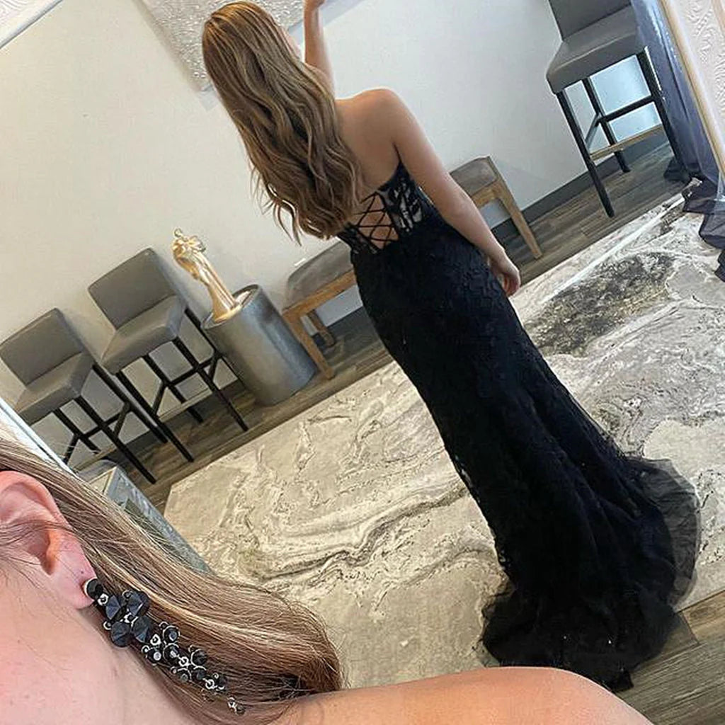 Wholesale Prom Dresses Gorgeous Black Lace Long Sweetheart Sleeveless Mermaid