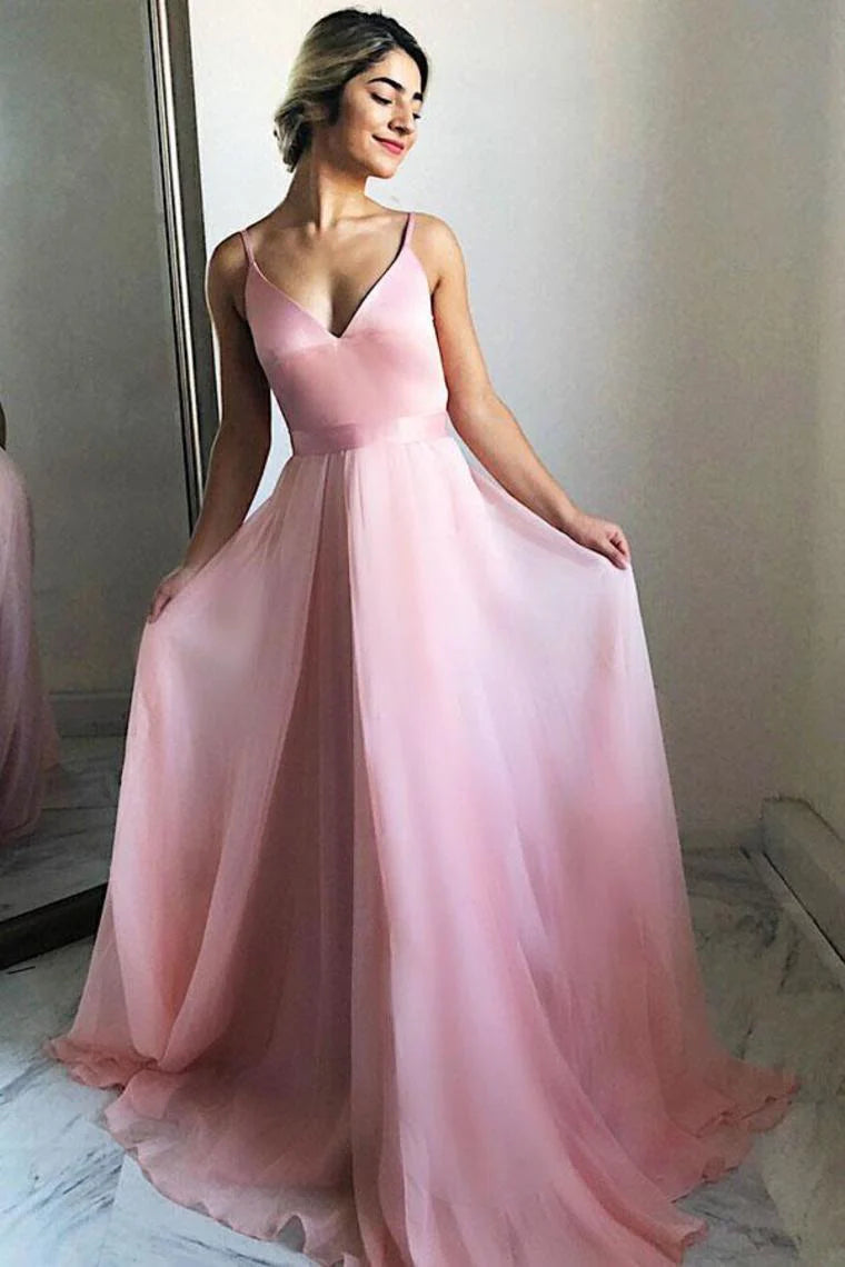 Wholesale Prom Dresses Spaghetti Straps V-Neck Simple Flowy Prom Gowns