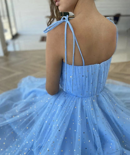 Wholesale Sequins Evening Dress Straps Sequins Blue Tea Length Prom Dress, Blue Tea length Formal Homecoming Dress