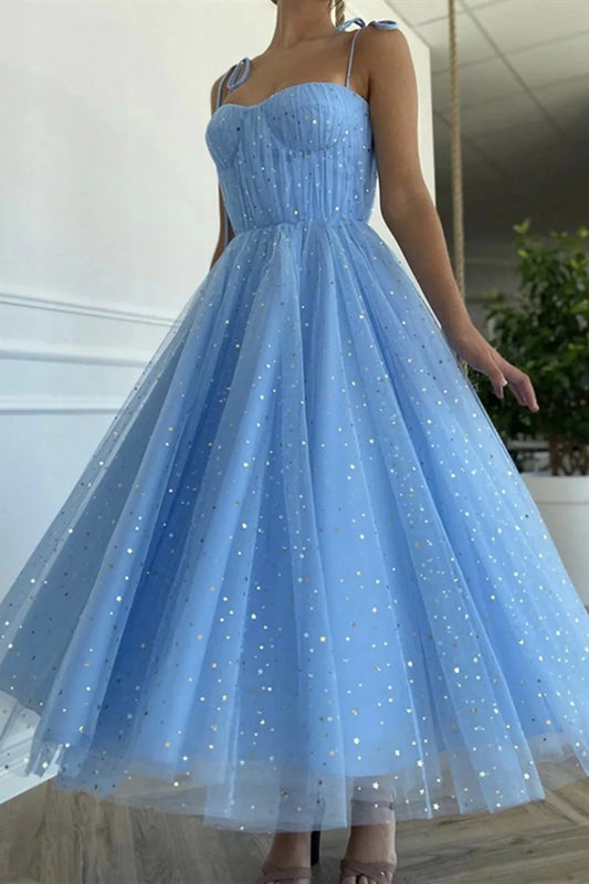 Wholesale Sequins Evening Dress Straps Sequins Blue Tea Length Prom Dress, Blue Tea length Formal Homecoming Dress