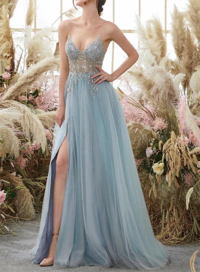 Wholesale Prom Dress Straps V Neck Tulle With A Line Long Formal Dress With Beads