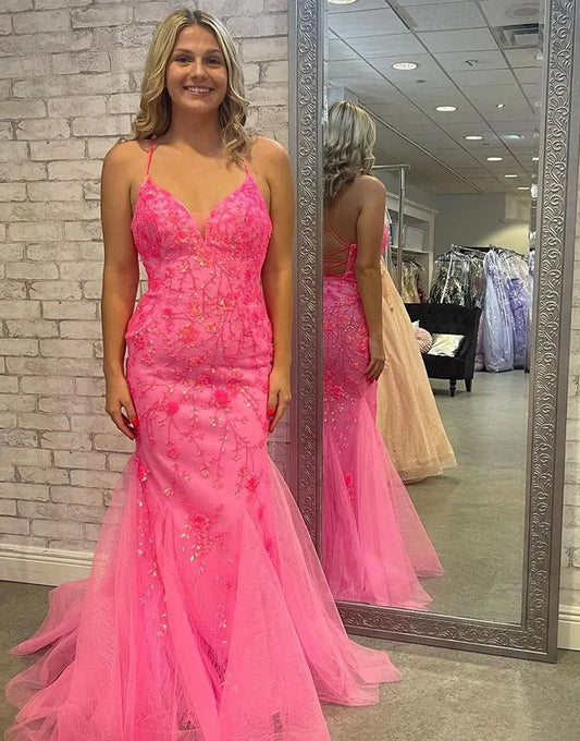 Aimishang Long Prom Dress Spaghetti Straps Corset Back Tulle With Appliques
