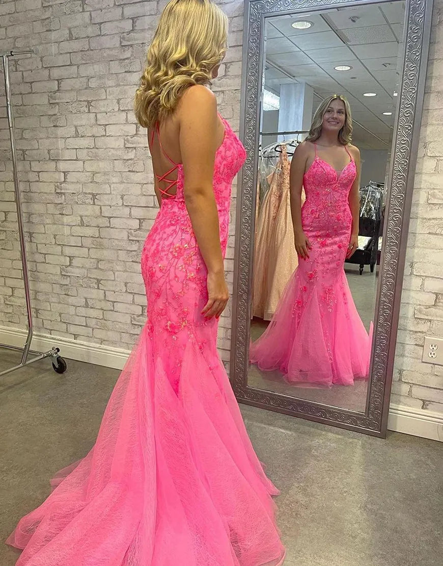 Aimishang Long Prom Dress Spaghetti Straps Corset Back Tulle With Appliques
