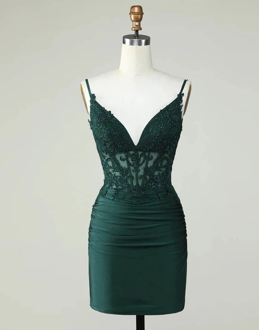 Wholesale Spaghetti Straps Dark Green Short Tight Homecoming Party Dress