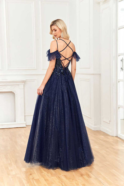 Wholesale Prom Dresses Sparkle A Line Off Shoulder Tulle Beaded Ruffles