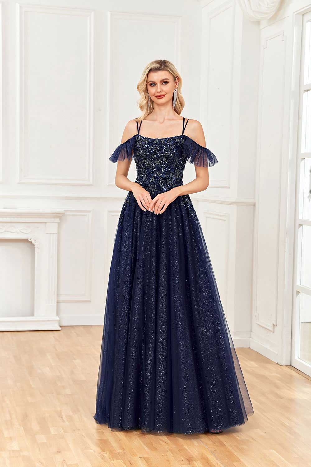 Wholesale Prom Dresses Sparkle A Line Off Shoulder Tulle Beaded Ruffles