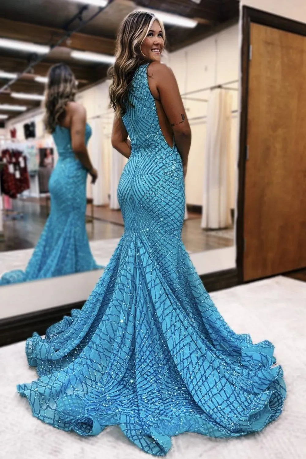 Wholesale Prom Dress Sparkly Mermaid One Shoulder Sequins