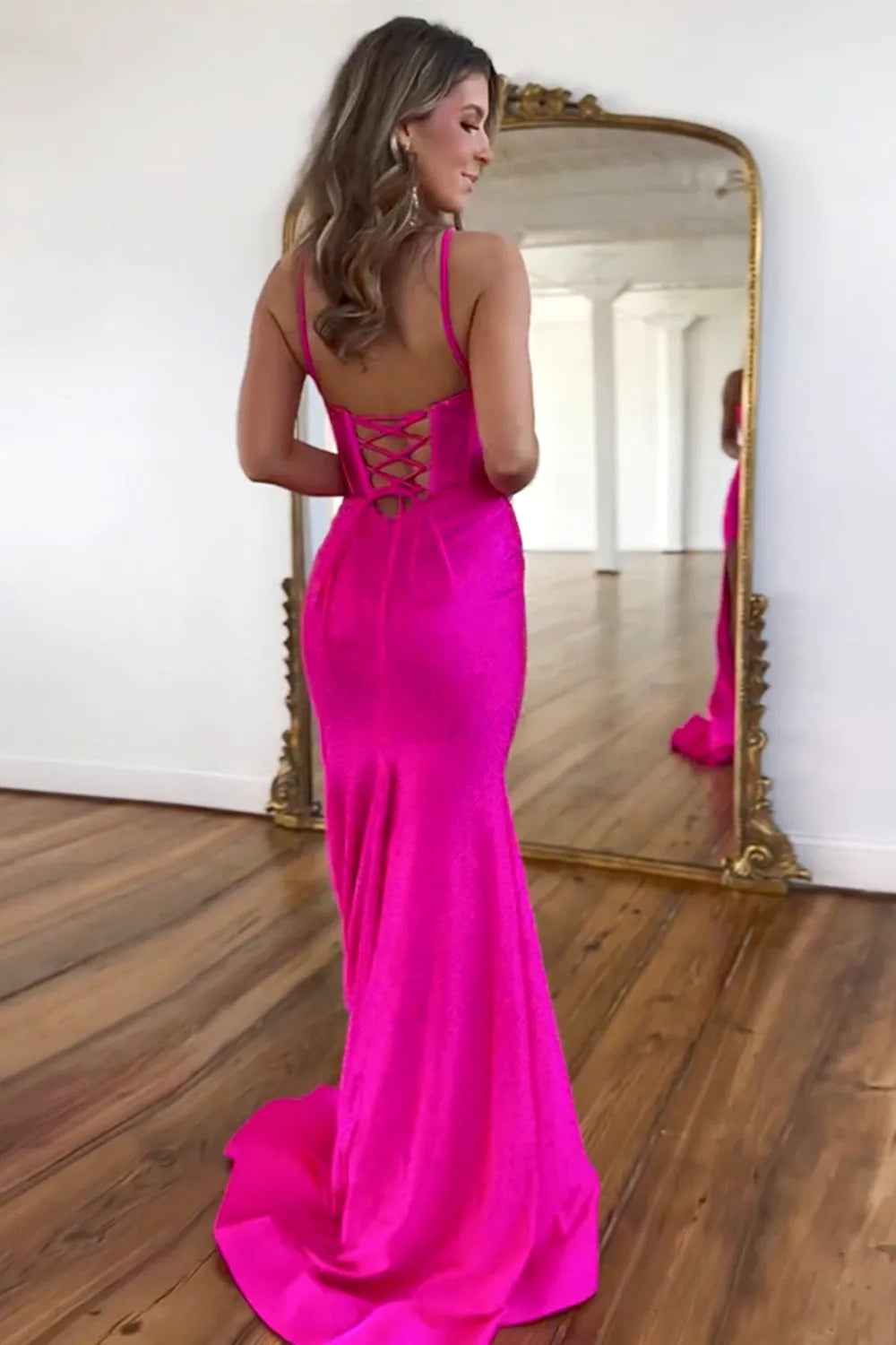 Wholesale Beaded Prom Dress Sparkly Spaghetti Straps Lace Up With Slit