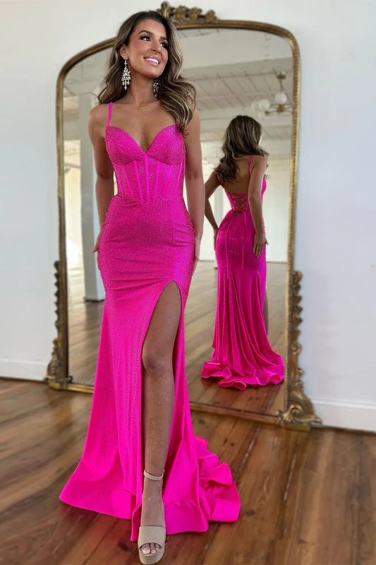 Wholesale Beaded Prom Dress Sparkly Spaghetti Straps Lace Up With Slit