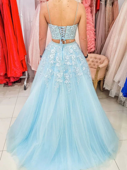 Wholesale Long Prom Dresses Sparkly Two Piece Tulle Blue Lace Up Back  With Applique