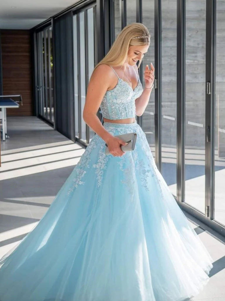 Wholesale Long Prom Dresses Sparkly Two Piece Tulle Blue Lace Up Back  With Applique