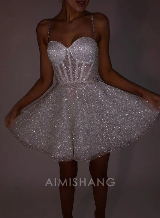 Aimishang Sparkly A Line Sweetheart Sleeveless Short Homecoming Dress Lovely Birthday Party Dress Fashion Back To School Dress