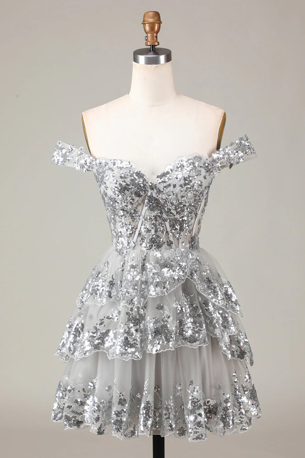 Wholesale Fashion Silver Homecoming Dress A-Line Sparkly Corset Tiered Lace