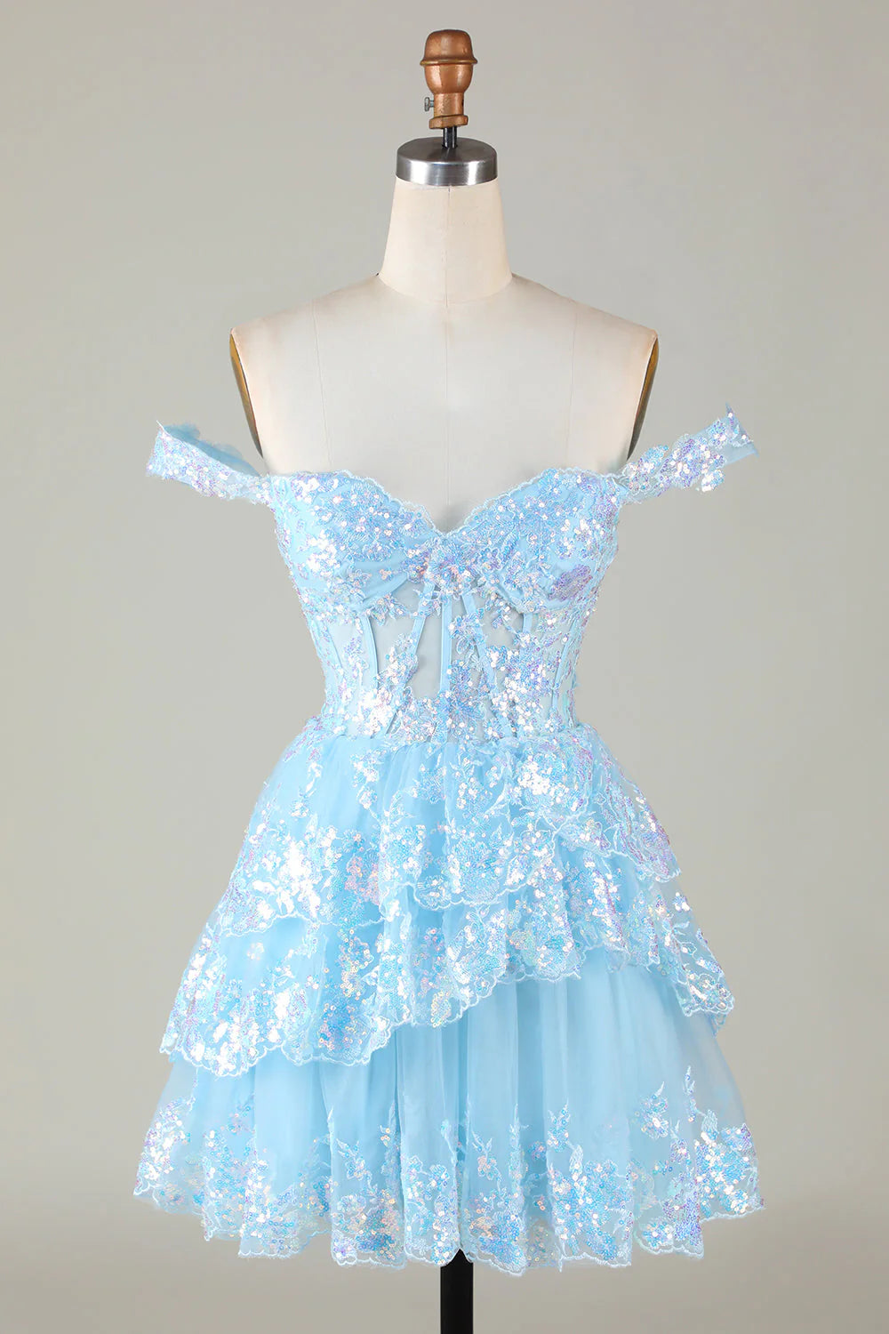 Wholesale Homecoming Dress with Sequins Sparkly A Line Off The Shoulder Corset Tiered Short