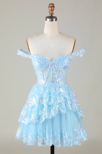 Wholesale Homecoming Dress with Sequins Sparkly A Line Off The Shoulder Corset Tiered Short